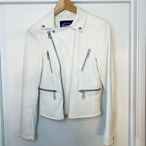 Scoop White Faux Leather Motorcycle Jacket, Size Small